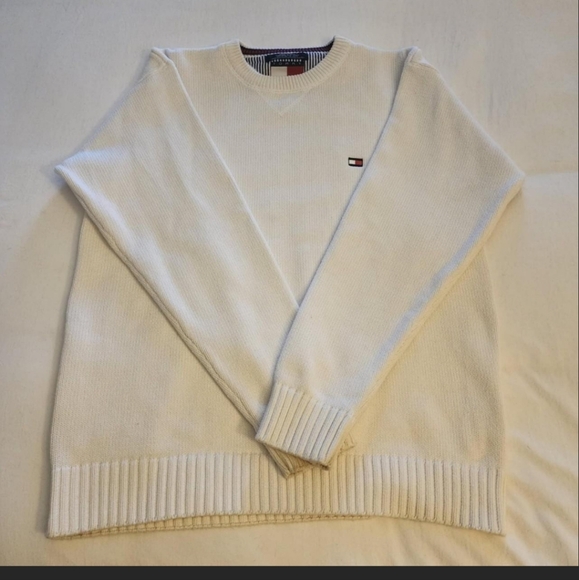 Tommy Hilfiger White Knit Sweater Men’s Large Logo Crewneck - Picture 1 of 1